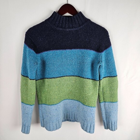 J. Crew Shetland Wool Colorblock Turtleneck Sweater Small Heather Green Blue - Picture 1 of 6
